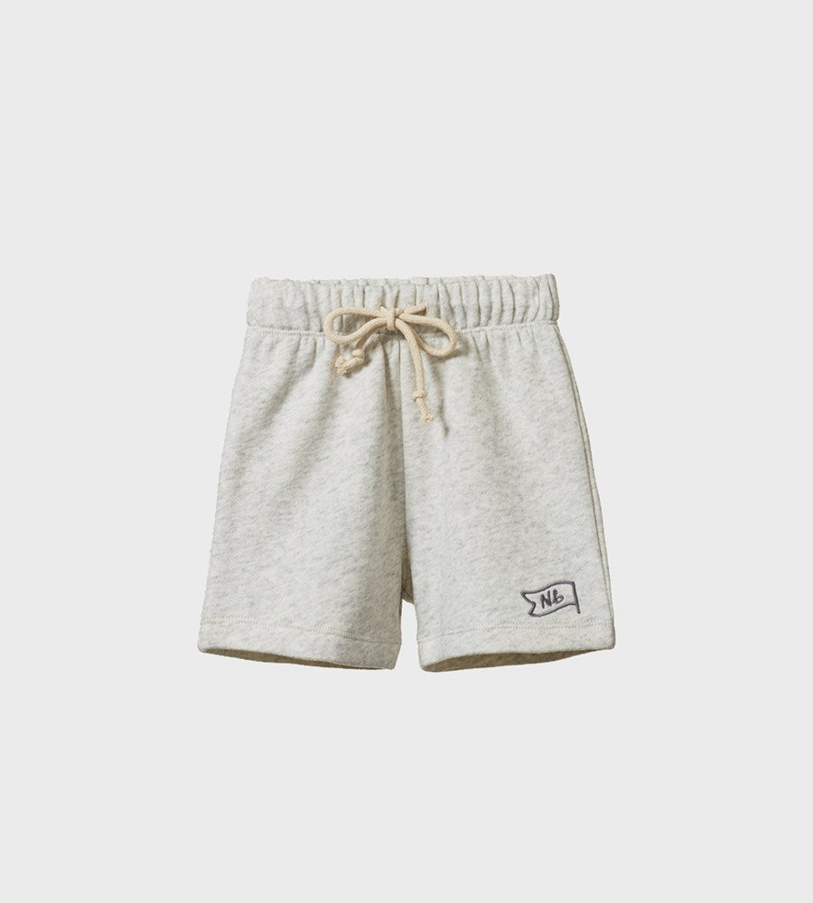 Gray shorts with a drawstring on a white background