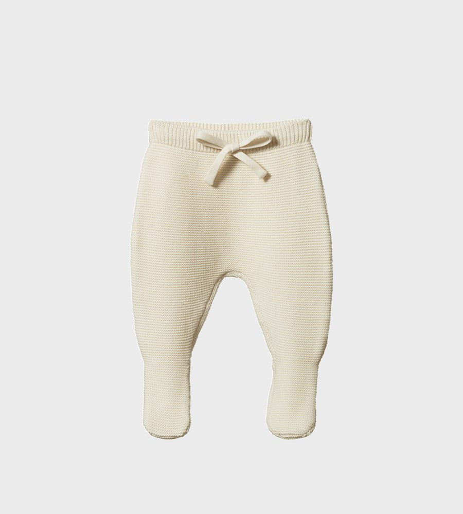 Beige ribbed baby pants with drawstring on a white background