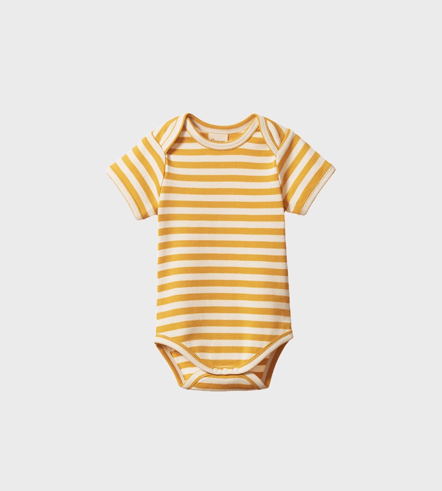Yellow and white striped baby bodysuit on a light gray background