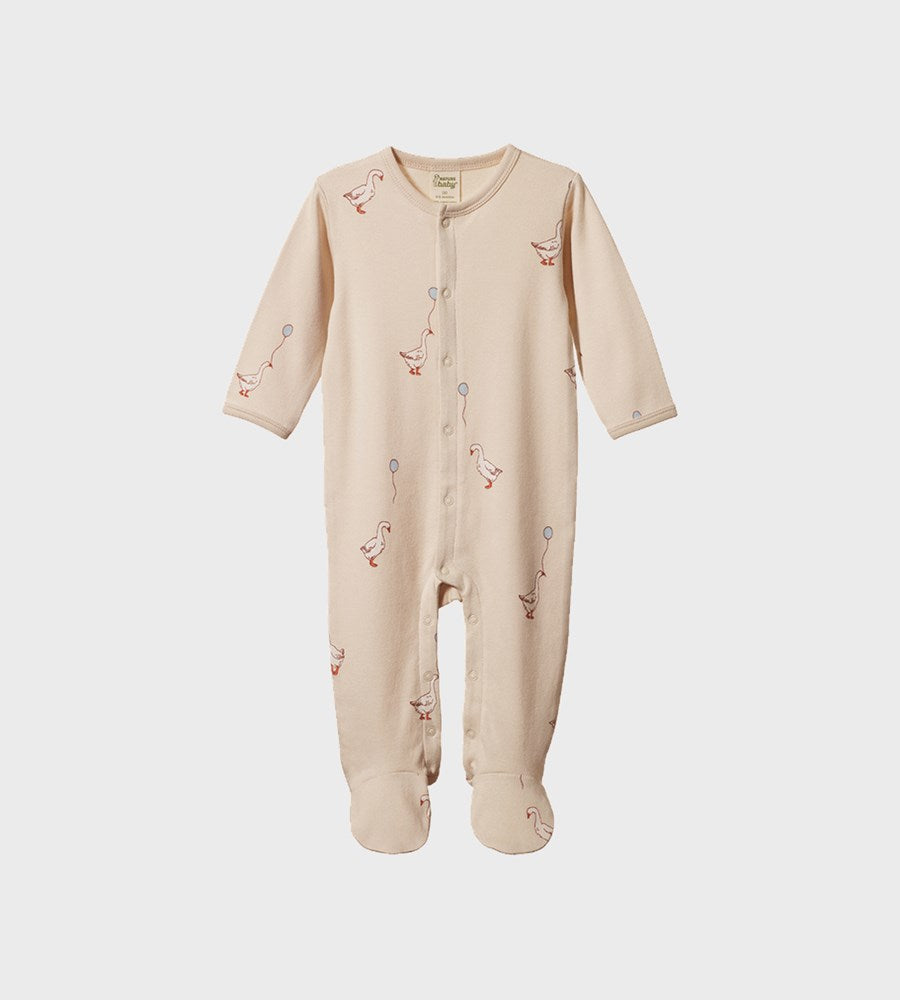 Beige baby onesie with bird designs on a white background