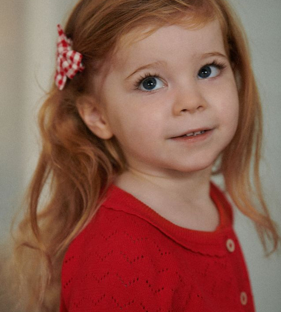 Young girl with a red checkered hair clip wearing a red sweater.