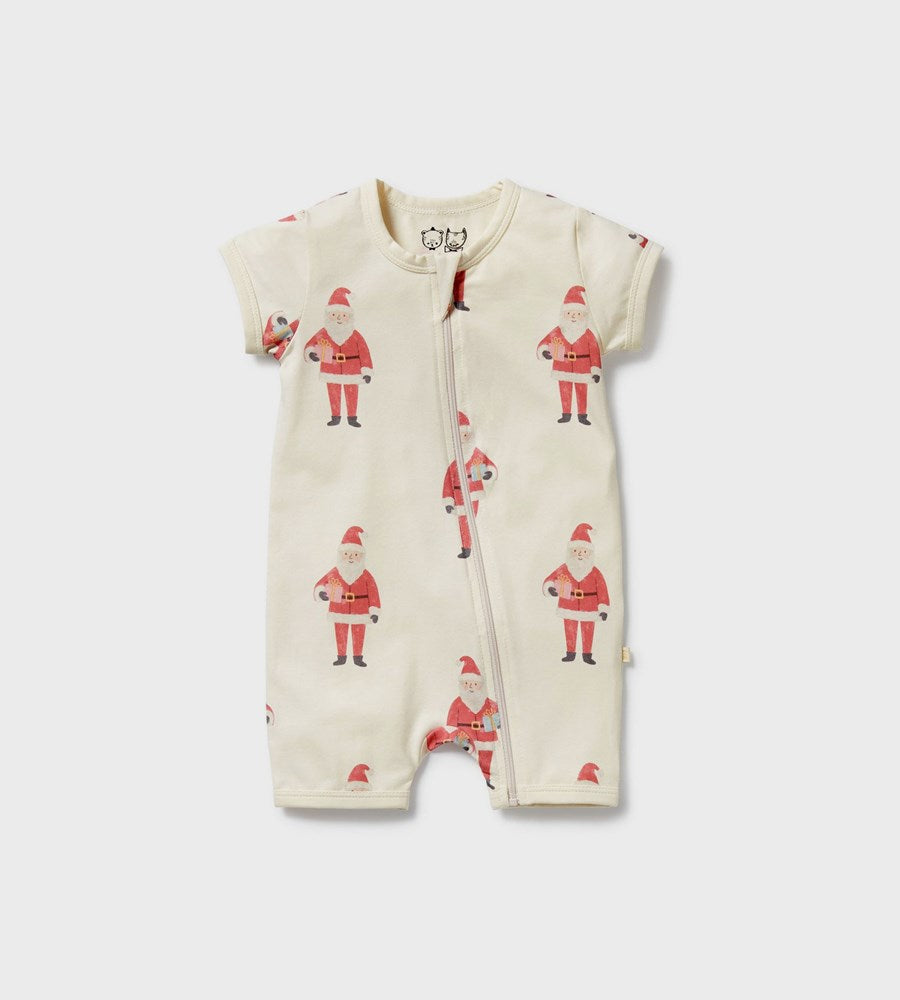 Baby romper with Santa Claus pattern on a white background