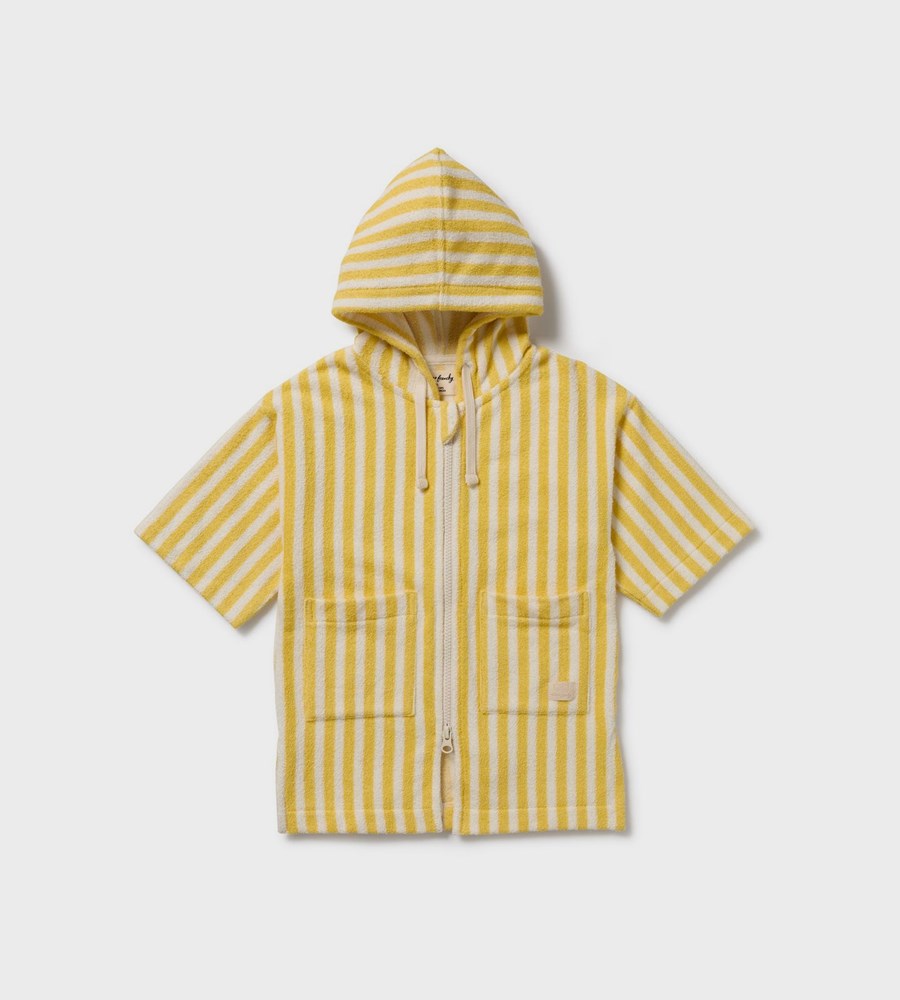 Yellow and white striped hooded jacket on a light gray background
