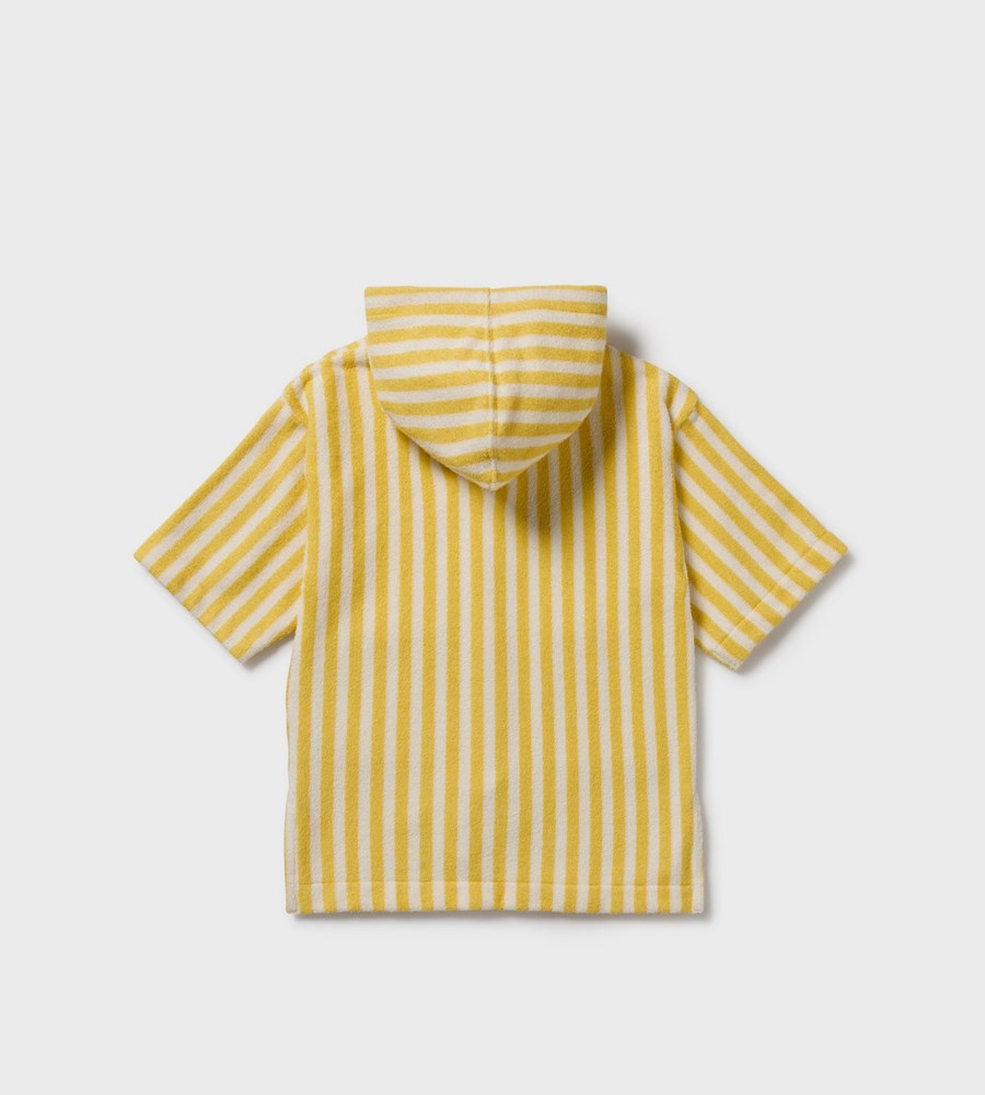 Yellow and white striped raincoat on a light gray background