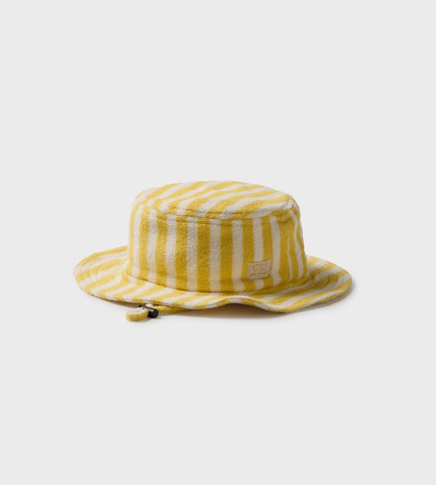 Yellow striped bucket hat on a light gray background