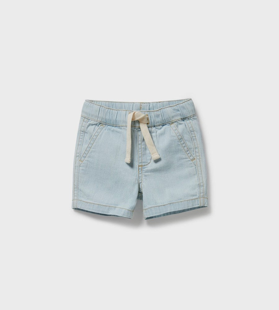 Light blue denim shorts with a drawstring on a white background