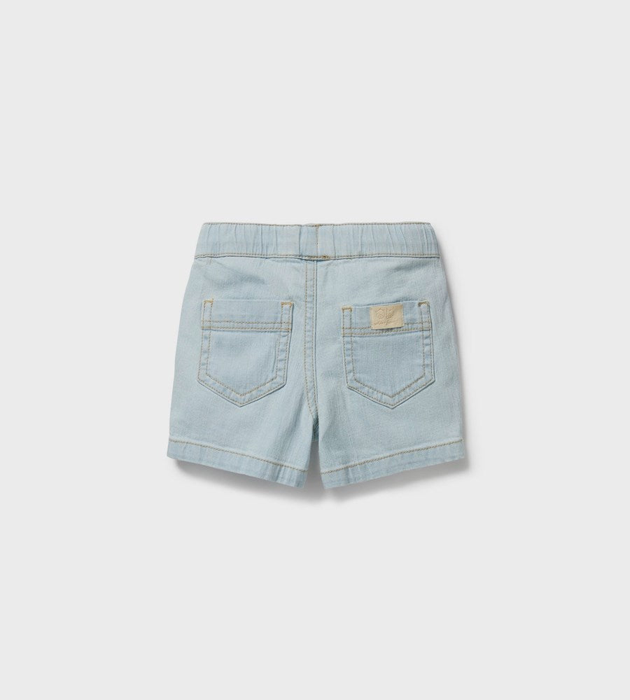 Light blue denim shorts on a white background