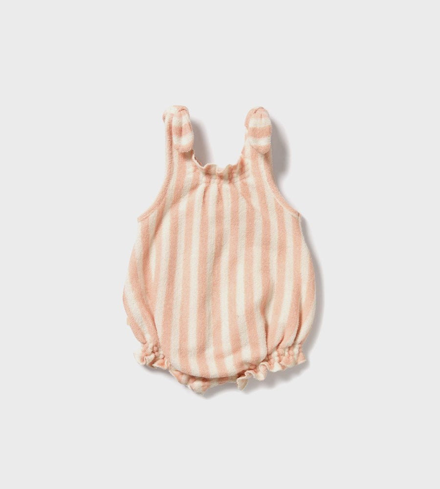Pink and white striped baby romper on a light gray background