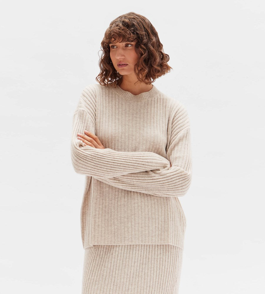 Assembly Label | Wool Cashmere Rib Long Sleeve Top | Oat Marle