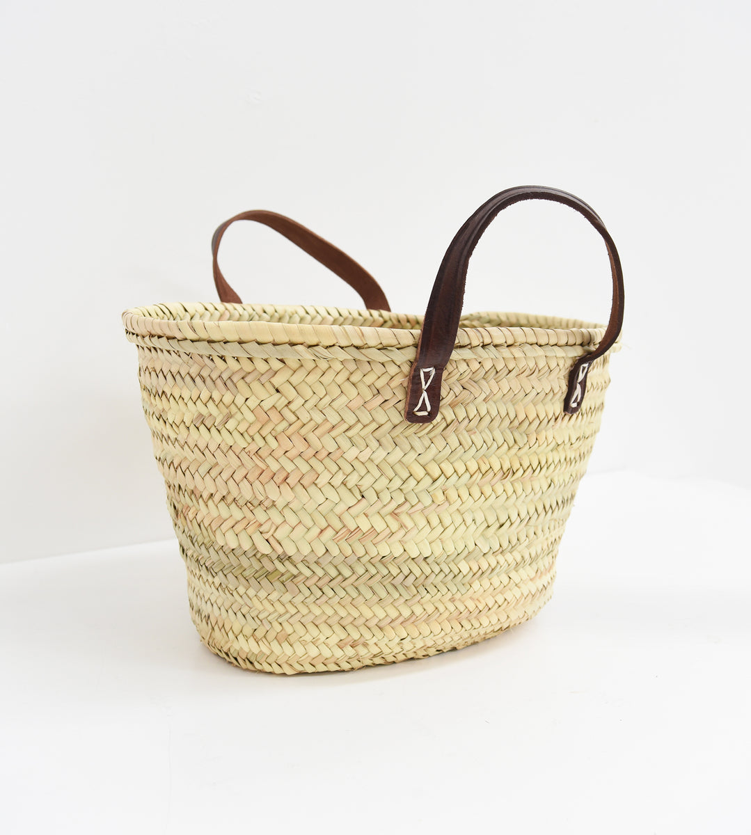 Straw Tote Bag French Basket Double Handle Flat Leather and Rope