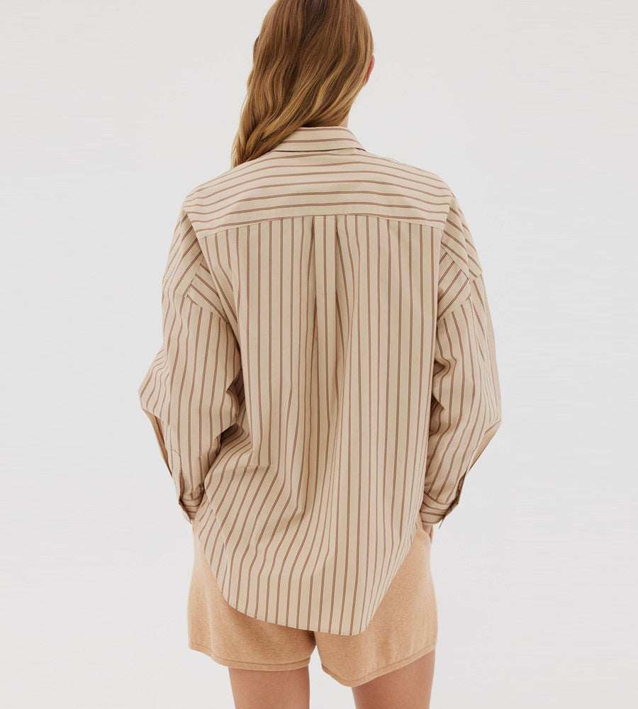 LMND | Chiara Mid Length Stripe Shirt | Oat / Nutshell