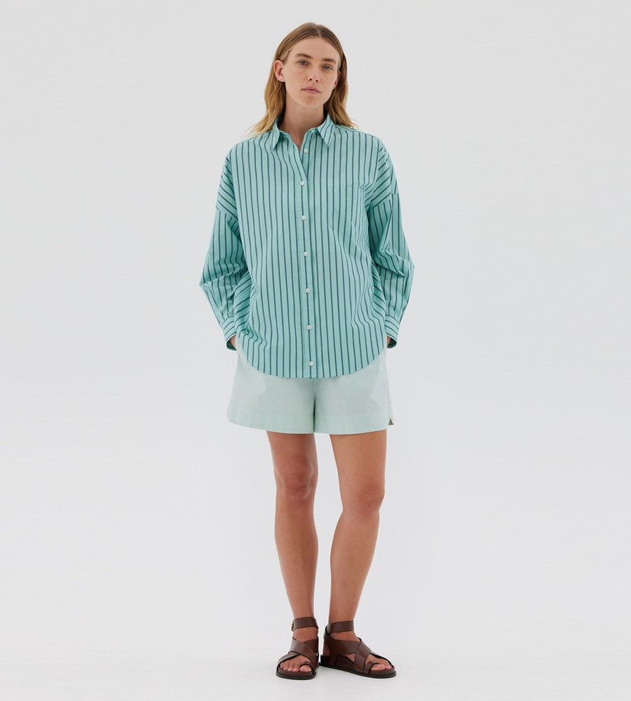 LMND | Chiara Mid Length Stripe Shirt | Sage / Teal