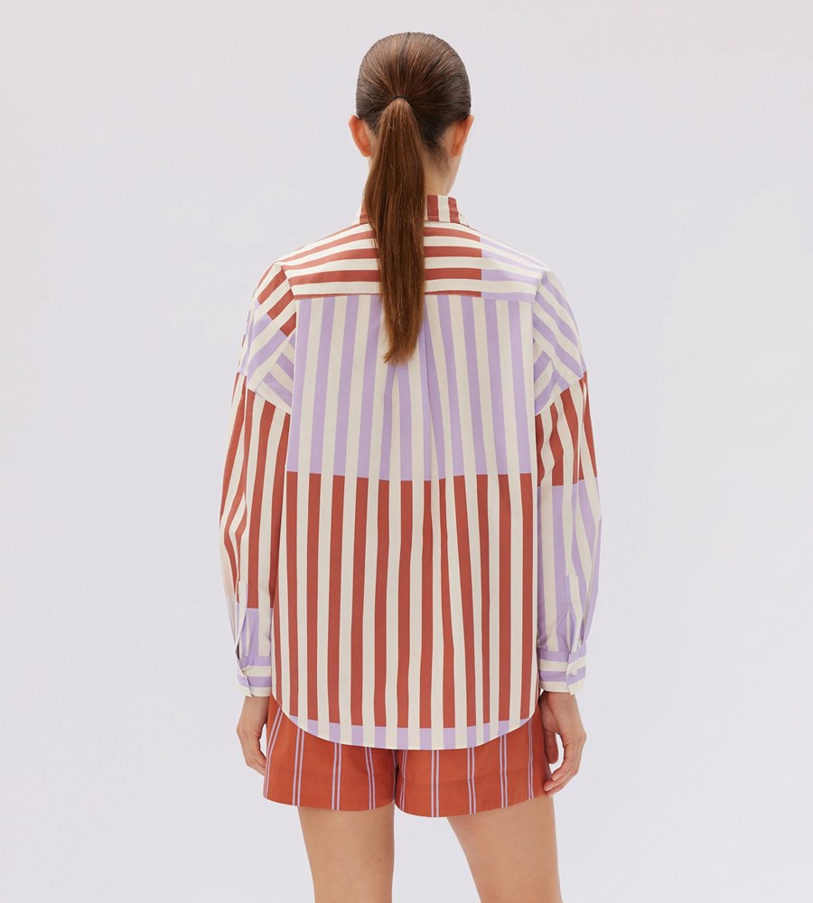 LMND | Chiara Mid Length Two Stripe Shirt | Rust / Violet Light