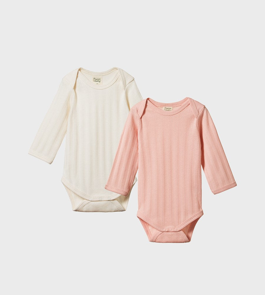 Nature Baby | Two Pack Derby Long Sleeve Bodysuit | Natural/Rose Bud
